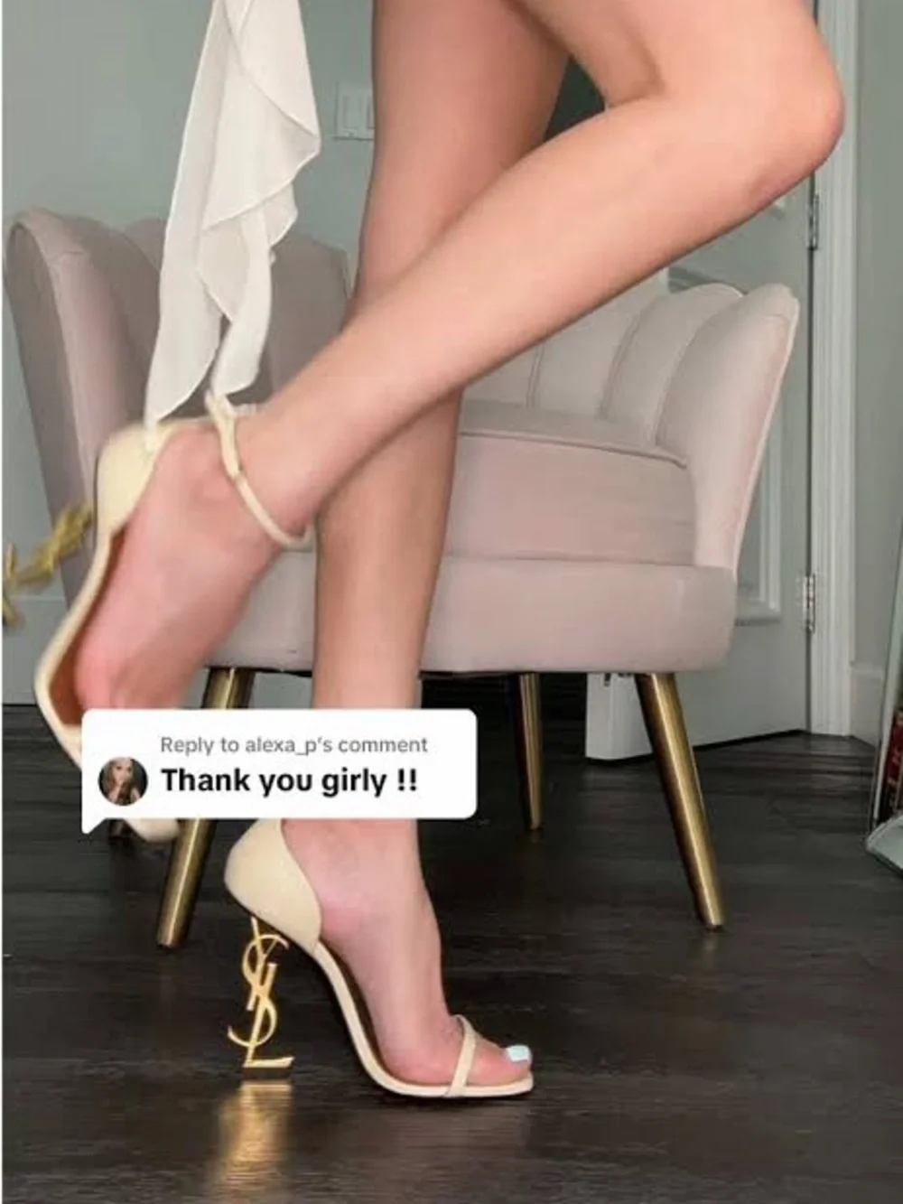 Saint Laurent Cream Leather Ankle-Strap Heels with Gold Logo Heel - Picture 6 of 6